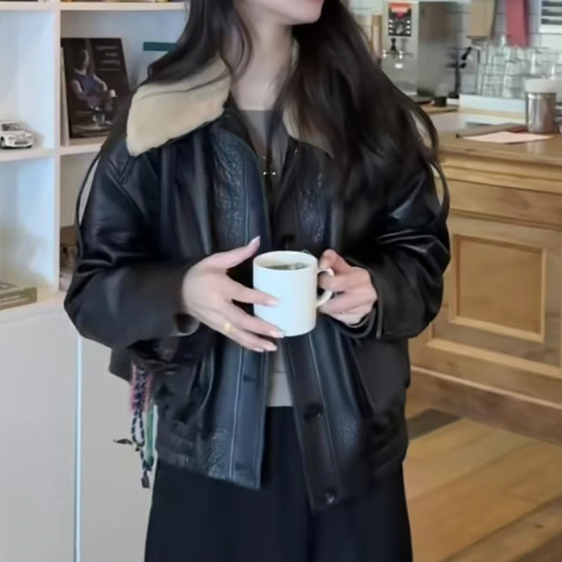 【瑞妮同款】REINEREN设计师任茜2024秋冬羊羔领羊皮夹克时尚休闲