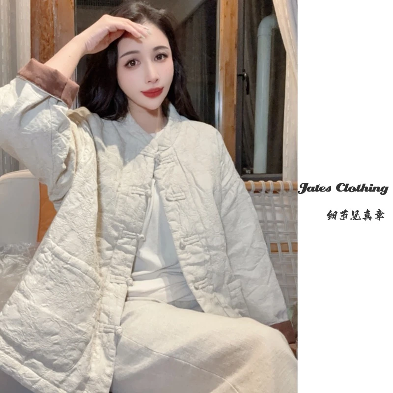 M3051#斜纹麻重工提花复古盘扣新中式宽松版秋季新品棉衣外套