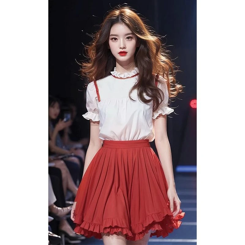 【1976人收藏】夏装搭配一整套减龄时尚白色衬衫红色半身裙chic甜辣