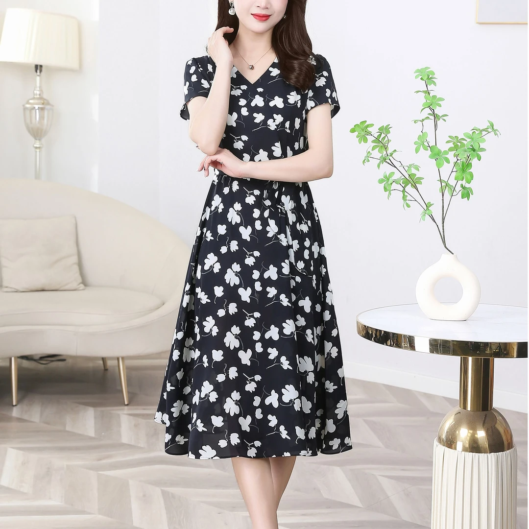 长裙夏季V领印花显瘦高奢连衣裙大码气质洋气时尚收腰2501#