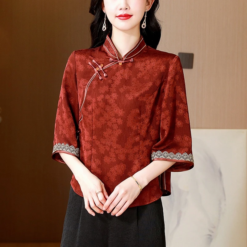 国风刺绣提花衬衫七分袖女春夏季新款唐装新中式旗袍上衣妈妈衬衣