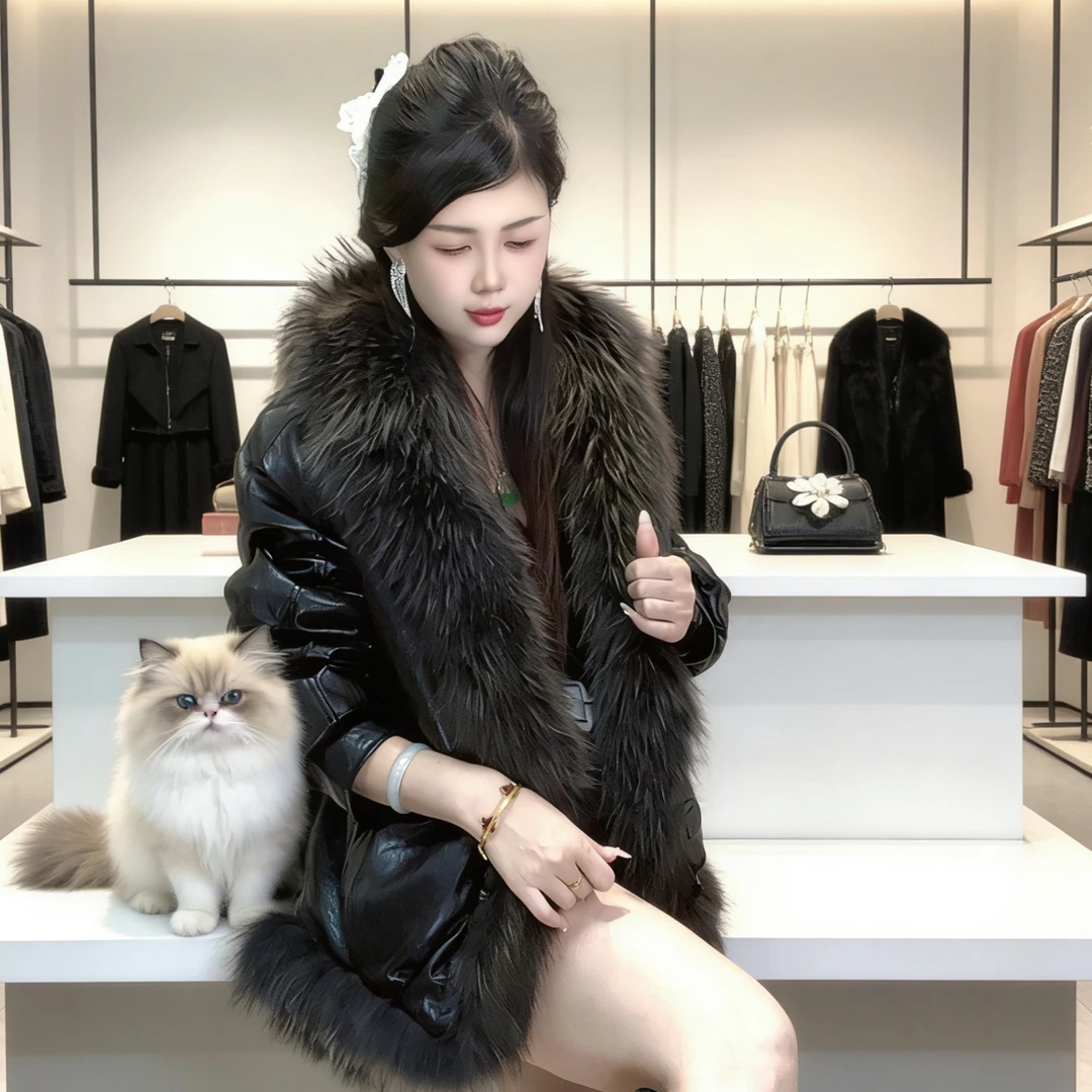 Bikamo/宽松型长袖休闲风厚款羽绒貉子毛领可拆轻奢皮衣外套P0443