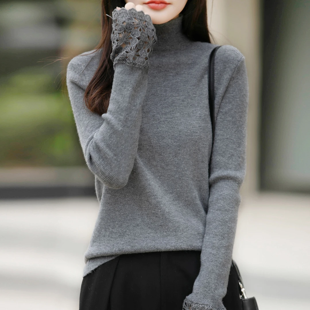 时尚高领镂空钩花针织打底衫女2025新款洋气大码女装上衣秋冬毛衣