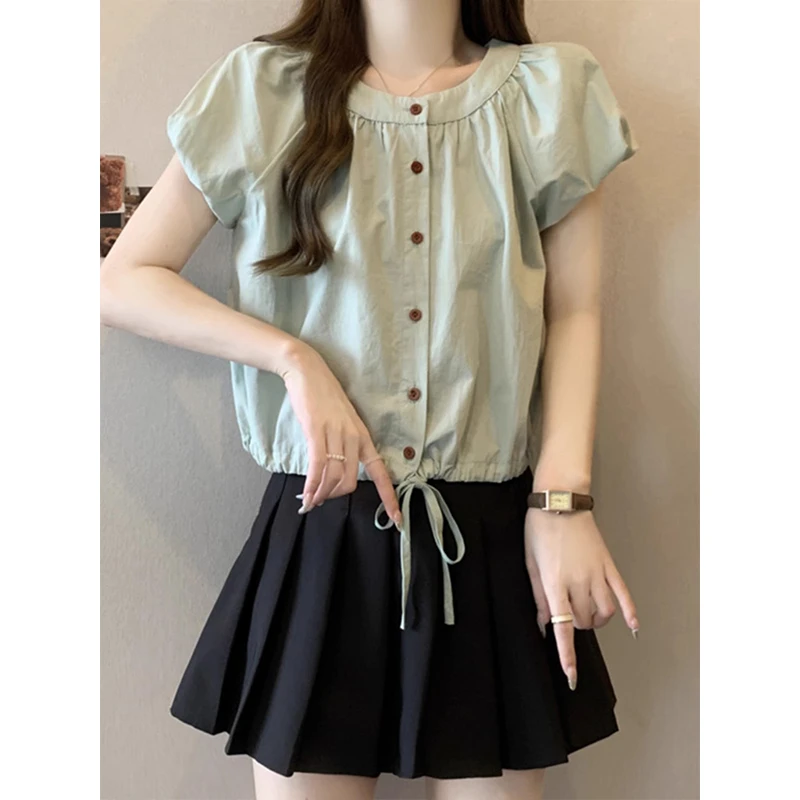 芷蕾大码甜美泡泡袖衬衫夏季胖妹妹设计感小清新短袖遮肚抽绳上衣