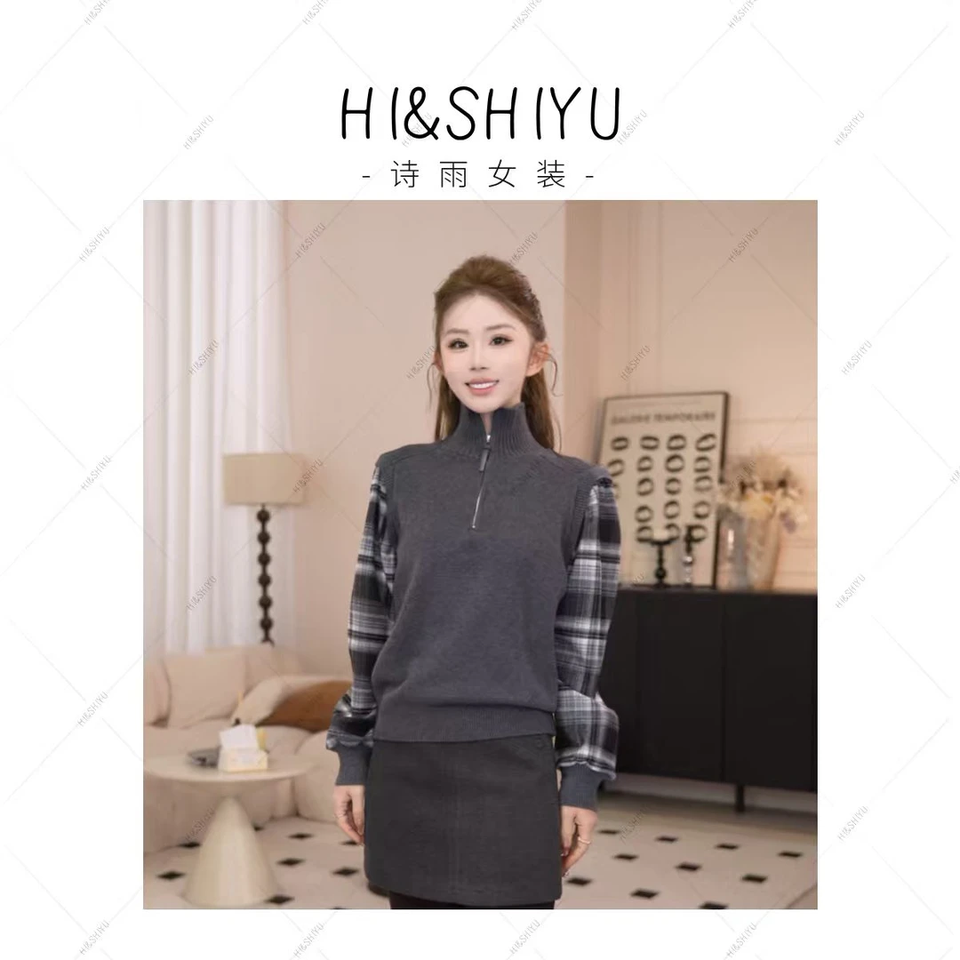 HISHIYU【松弛格调】简约半拉链立领格子拼接假两件针织衫上衣秋冬