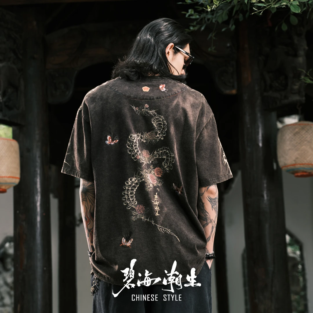 碧海潮生【蛇骨生花】春夏新款中国风国潮绣花水洗黑纯棉短袖t恤