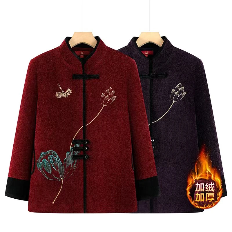 中老年绣花春秋冬中式国风外套上衣中老年女装妈妈装加厚棉袄冬季