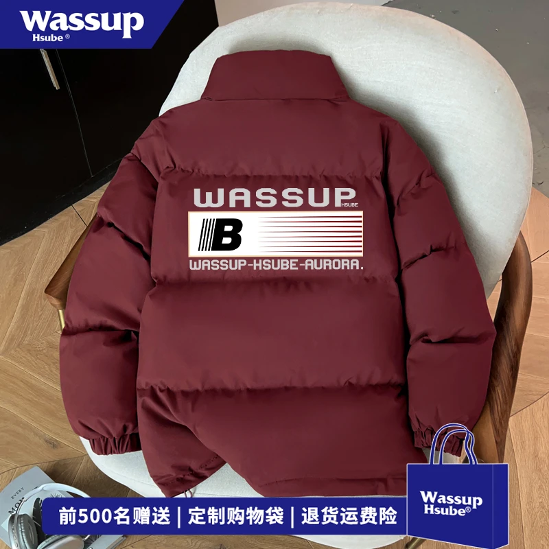 WASSUP HSUBE美式个性旗帜字母立领棉服男冬季宽松保暖防风面包服