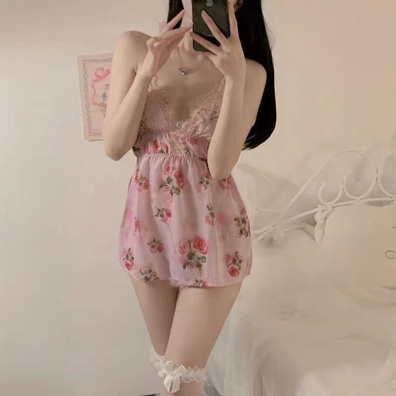 25新款甜美辣妹露背吊带V领蕾丝碎花高腰超短开叉ins睡裙潮家居服