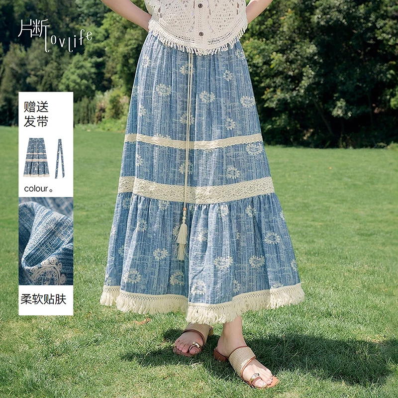 片断半身裙女2025夏季新款拼接蕾丝蛋糕裙度假风文艺减龄a字长裙