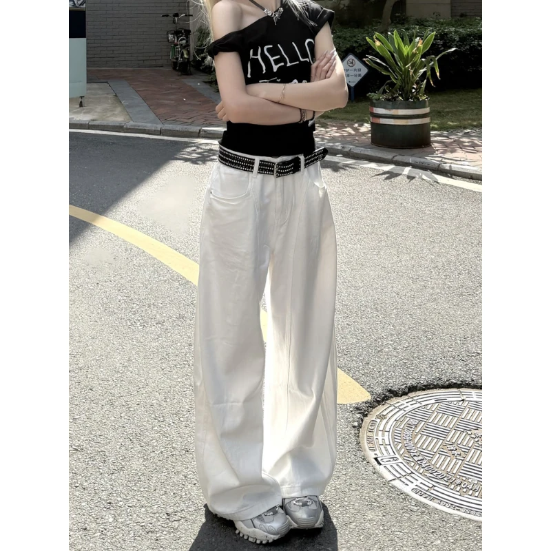 美式白色阔腿弯刀牛仔裤女夏季新款高腰宽松显瘦百搭直筒休闲裤子