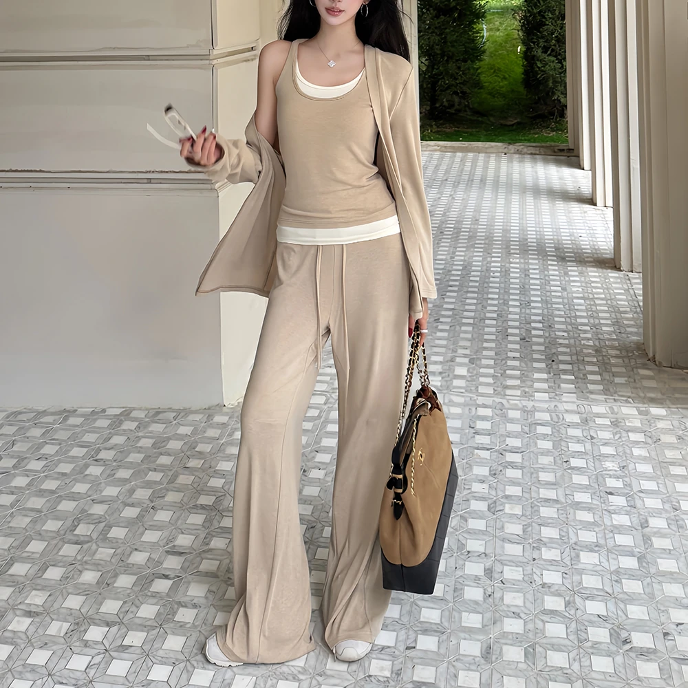 秋冬休闲长袖开衫假两件背心直筒阔腿裤时尚运动三件套慵懒风