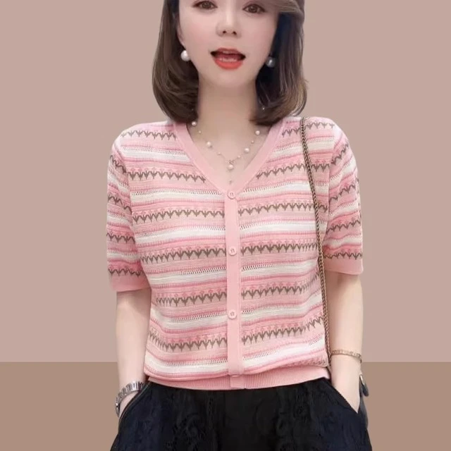 欧货v领条纹短袖T恤女2025新款夏季欧洲站高端大牌粉色多巴胺上衣