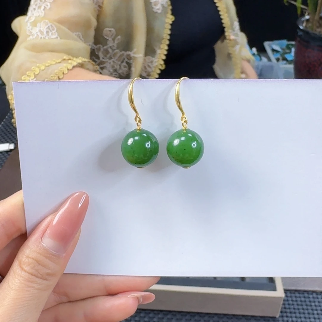 和田玉（碧玉）银S925镶嵌耳饰