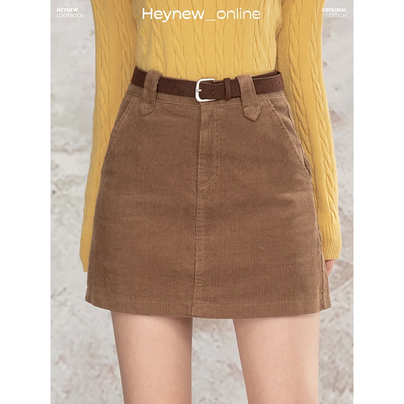 【HEYNEW黑妞】复古灯芯绒半身裙秋冬季高腰显瘦a字咖色短裙5Q741