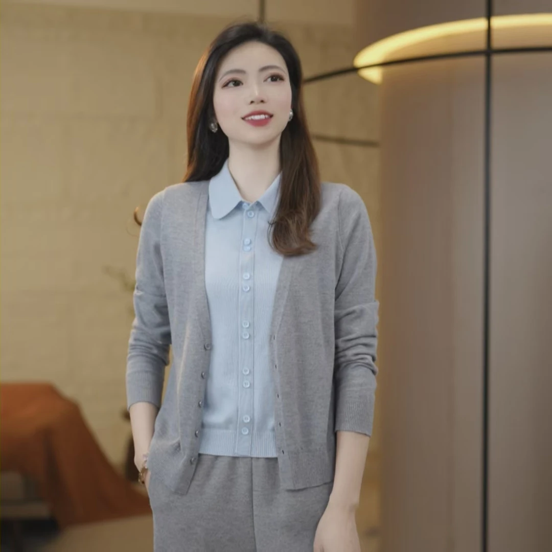 [超细精纺羊毛]春季上新假两件POLO领休闲时尚长袖针织上衣女8827