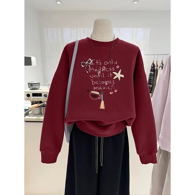 加绒圆领酒红色卫衣女2026新年本命年马年喜庆春秋小个子宽松上衣
