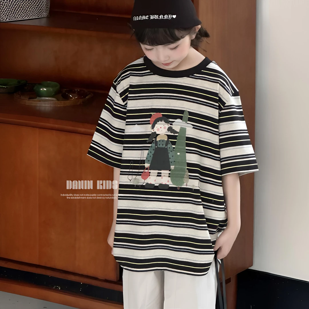 【嗒囜】女童夏装新款爆款中长款中袖五分袖宽松条纹短袖T恤上衣