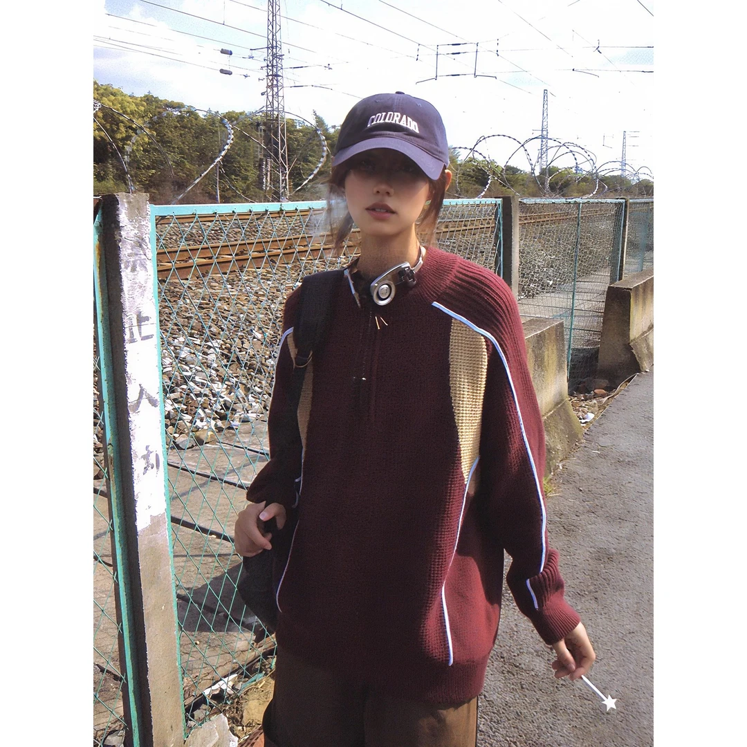 撞色拼接polo领保暖针织衫男款秋季高级感半拉链卫衣情侣毛衣外套