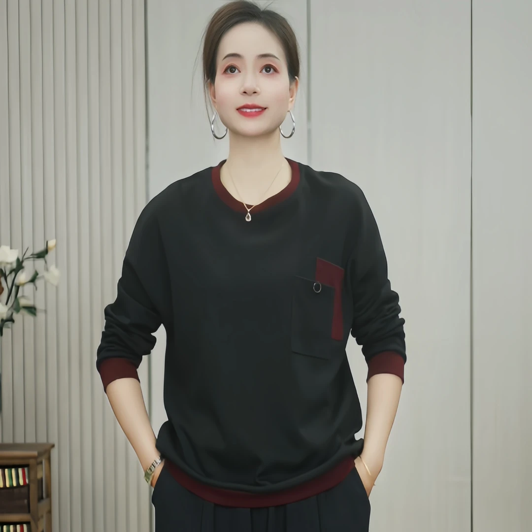 773新款春秋时尚休闲百搭圆领卫衣拼色小衫宽松显瘦打底上衣女