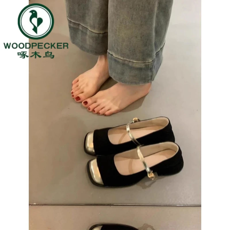 啄木鸟法式晚晚风温柔玛丽珍鞋女春秋一字扣带拼色方头粗跟单鞋女