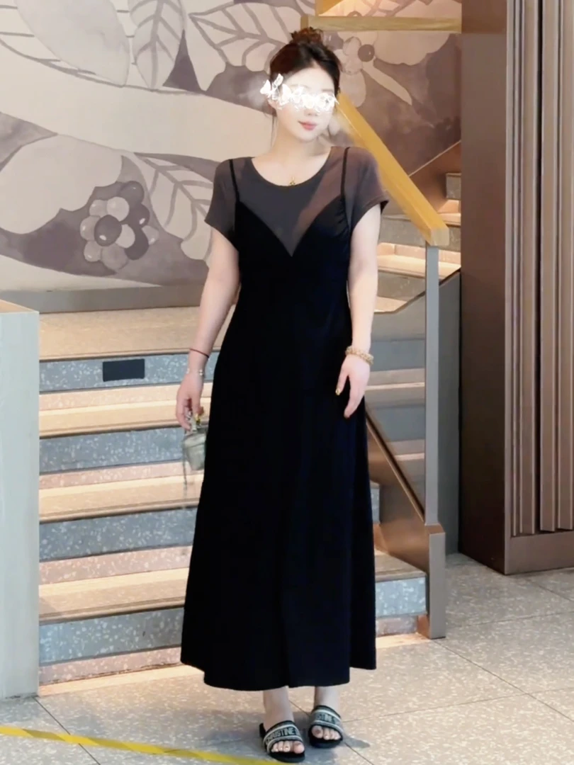 大码女装夏季新款2025法式假两件休闲气质拼接连衣裙胖mm显瘦长裙