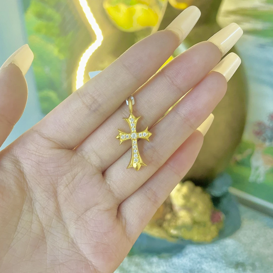 足金999 古法点钻十字架黄金吊坠精致时尚（不含链）