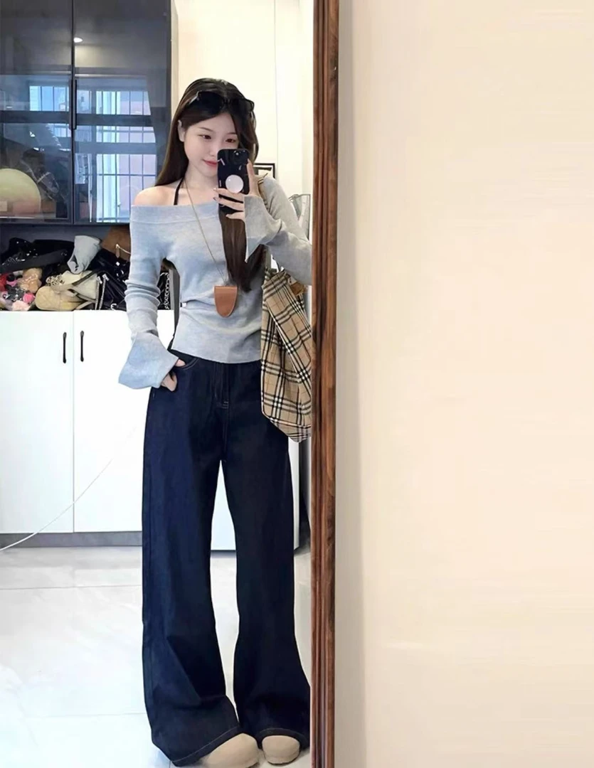 6776复古直筒牛仔裤女春秋季韩系慵懒风阔腿裤子