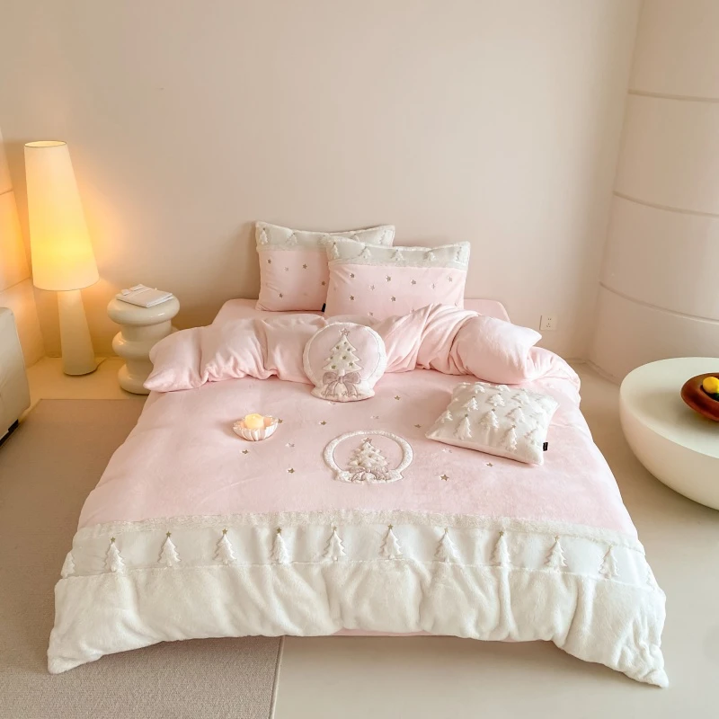 【晴美】小清新高克重牛奶绒贴布绣四件套-初雪全系列