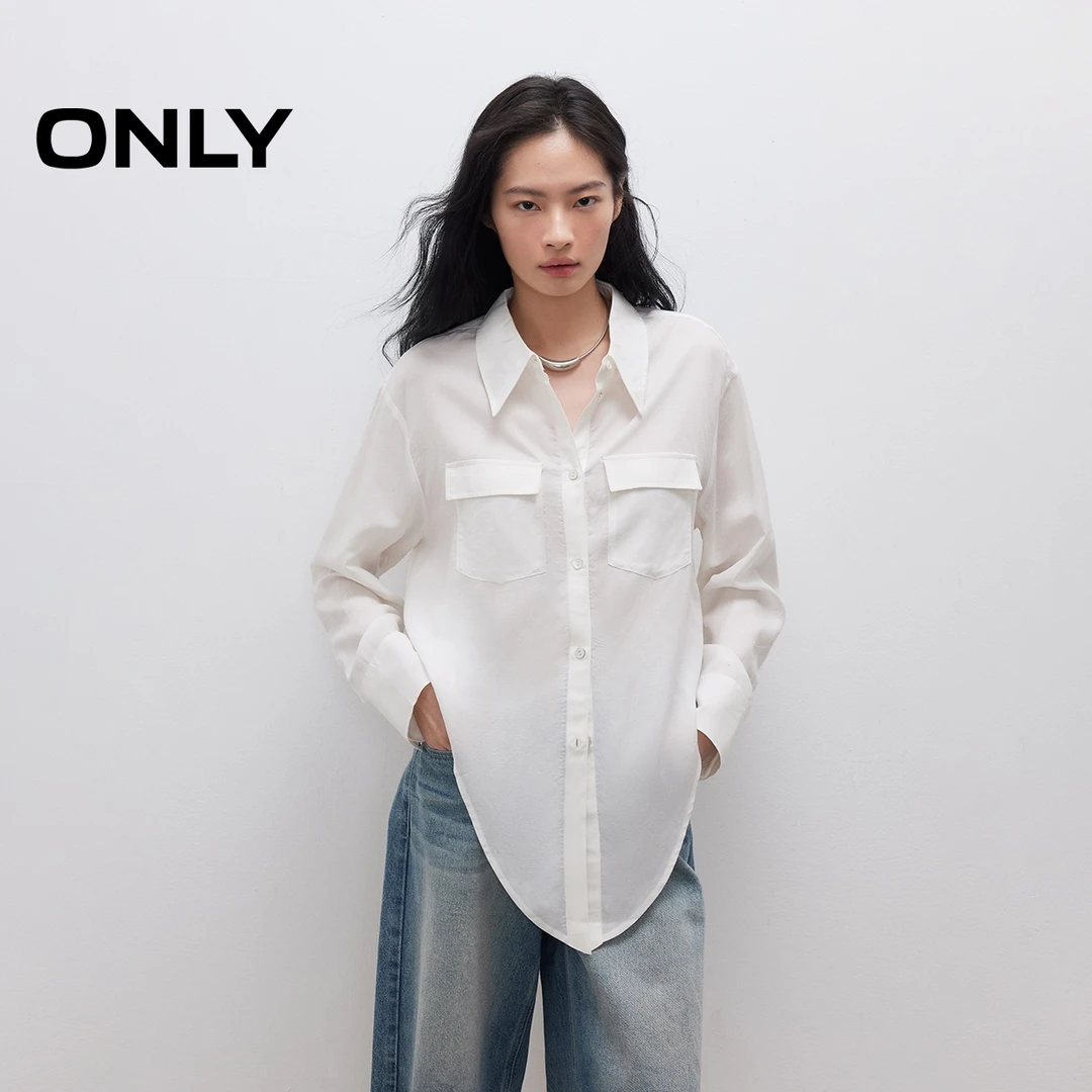 ONLY秋季翻领长袖显瘦打结下摆衬衫女酷飒风女装高级感|125105036