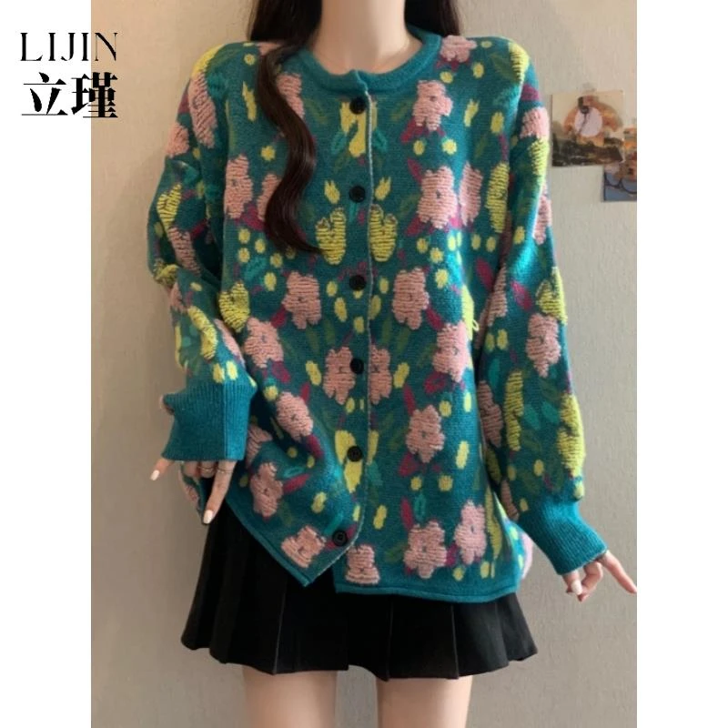 田园风覆古提花针织开衫毛衣外套女款春秋显瘦胖宽松慵懒风上衣