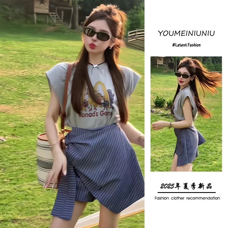 夏季2025新款韩版套装穿搭女简约休闲印花无袖上衣高腰裙裤两件套