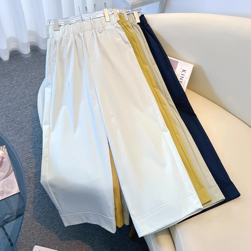拉夏贝尔藏青色阔腿裤女夏季薄款2025新款松紧高腰九分卷边直筒裤