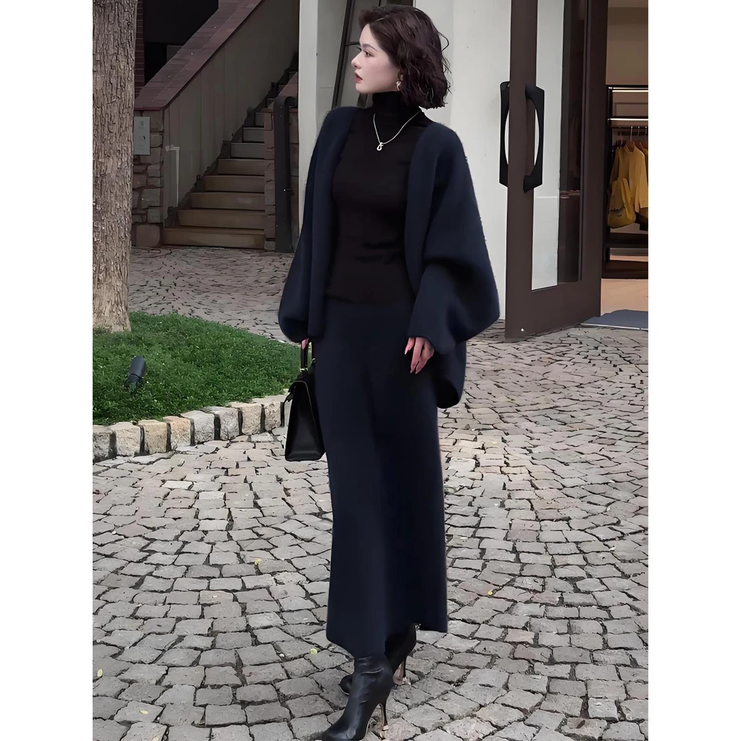 2025秋冬新款今年流行名媛高级感小香风藏青色开衫半身裙两件套装