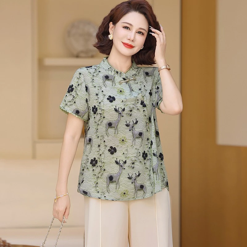 妈妈夏装2025新款时尚洋气套装小衫中老年女装大码宽松上衣两件套