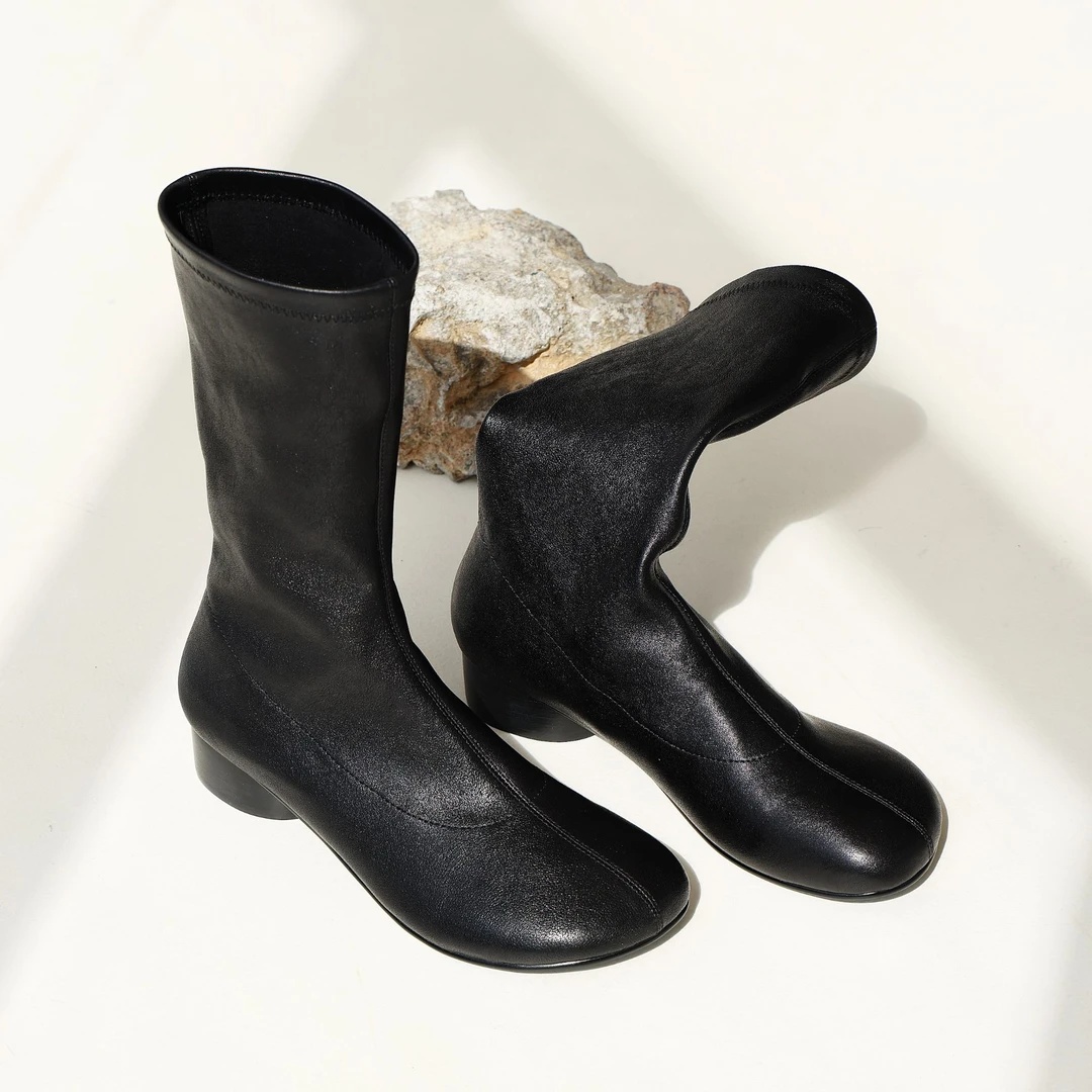 真皮植鞣羊皮弹力靴复古小众圆头粗跟女中筒瘦瘦靴