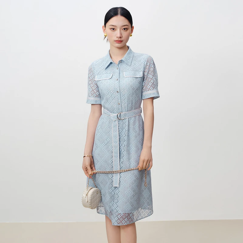dunnu优雅淑女POLO领中长款连衣裙8T250813