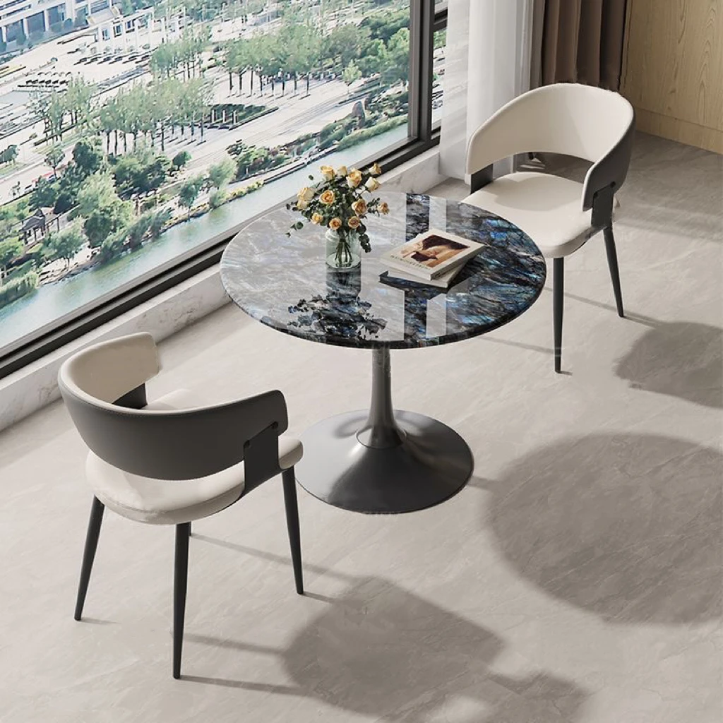 意式轻奢超晶石小圆桌子家用会客接待洽谈饭桌椅组合阳台休闲餐桌