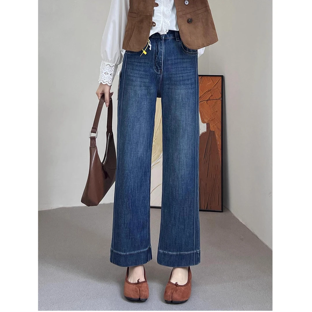 复古蓝百搭直筒牛仔裤女2025春夏微胖大码腿粗显瘦九分窄版阔腿裤