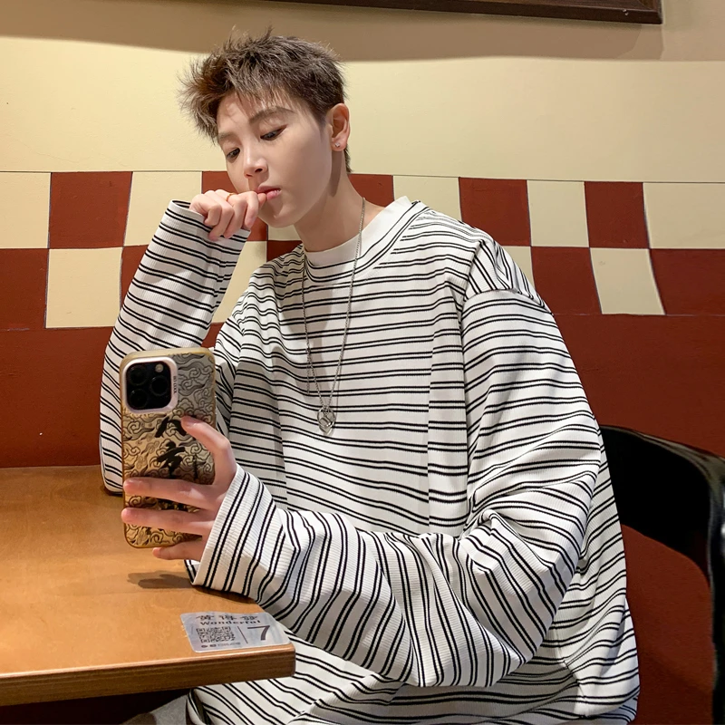 霄桂姿2025春季新款潮流条纹长袖t恤情侣宽松体恤潮流圆领卫衣