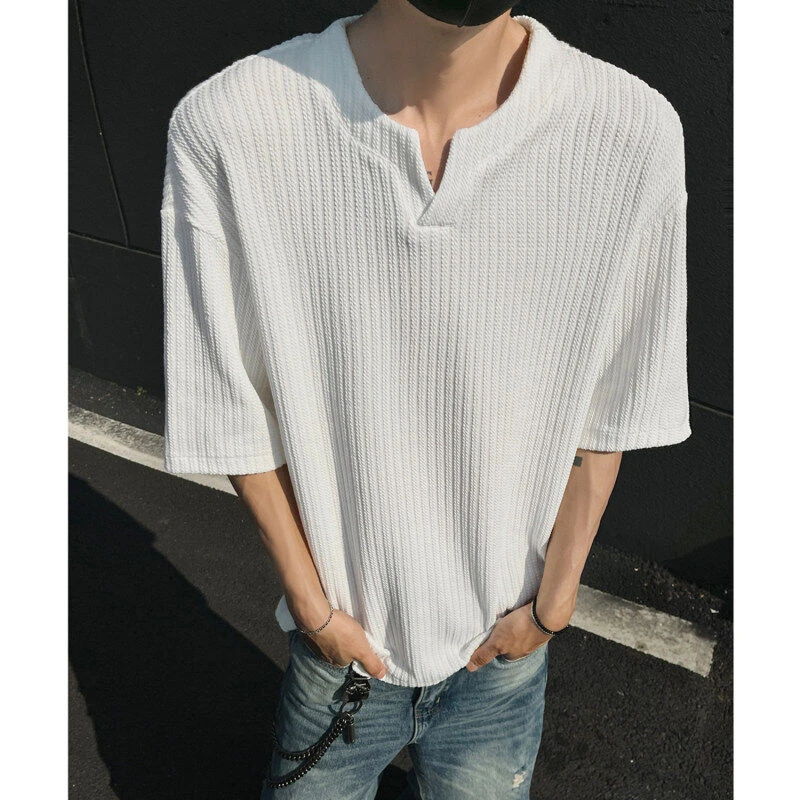 肌理感V领T恤男夏季cleanfit亲肤垂感休闲痞帅短袖男生冰丝