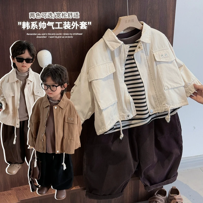 ins原宿风~WT19韩系洋气儿童工装翻领外套男童女童大口袋夹克