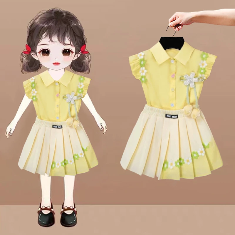 女童夏季套装2025新款时尚休闲洋气时髦清凉儿童无袖半身裙两件套