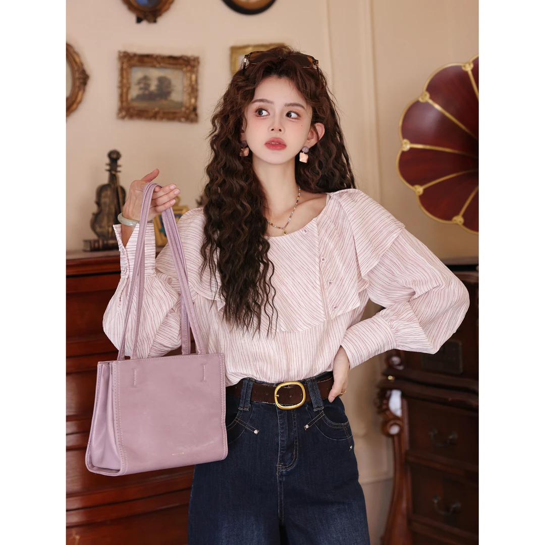 陈大器【香草云朵】港风复古条纹设计长袖百搭宽松衬衫JK0725339