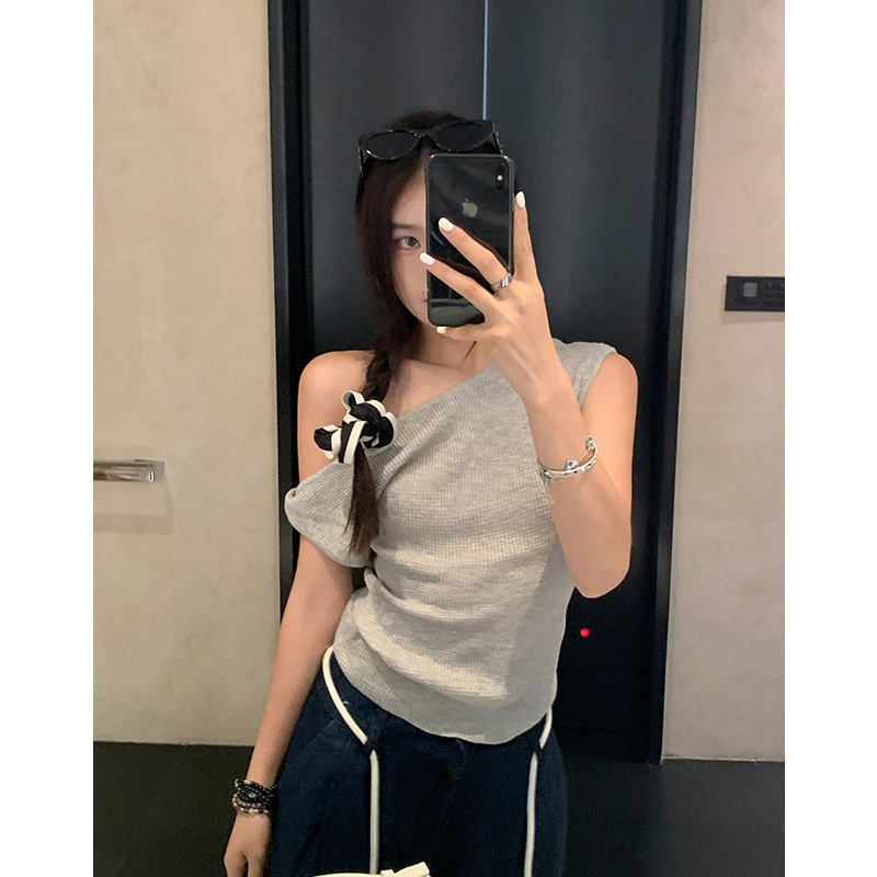 HAMYIHO高级感针织短袖小衫女扭结设计感T恤2025新款夏季内搭上衣