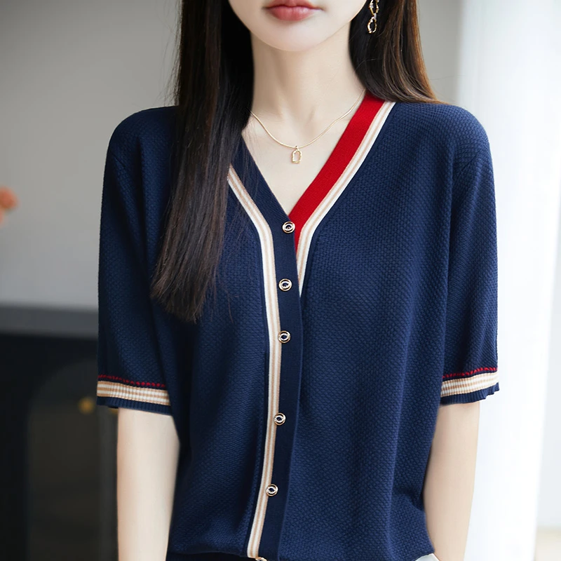 夏季100%天丝短袖女撞色薄款V领T恤开衫宽松气质休闲半袖NSY282
