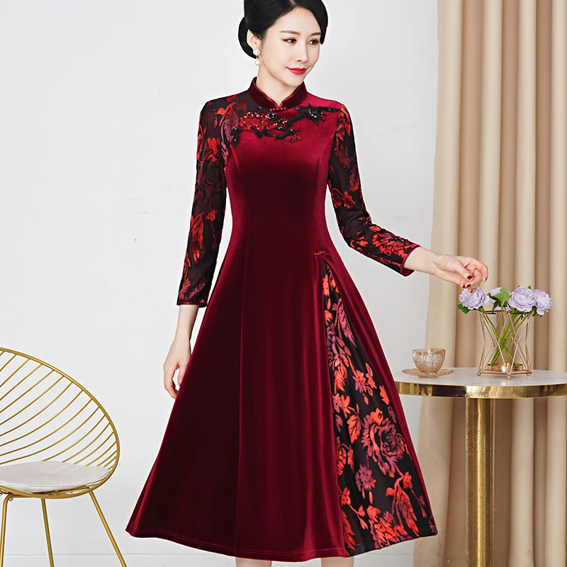 蕾丝绣花新款 立领改良版连衣裙婚礼婚宴 喜婆婆妈妈装修身中年女