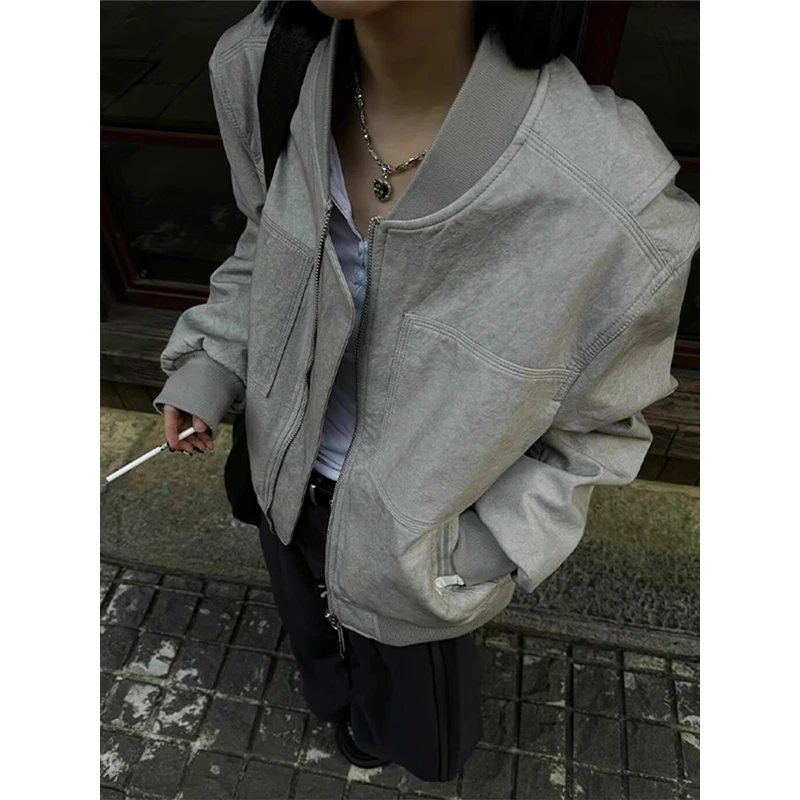 灰色美式飞行夹克男款春季cleanfit廓形正肩外套潮牌高级感棒球服