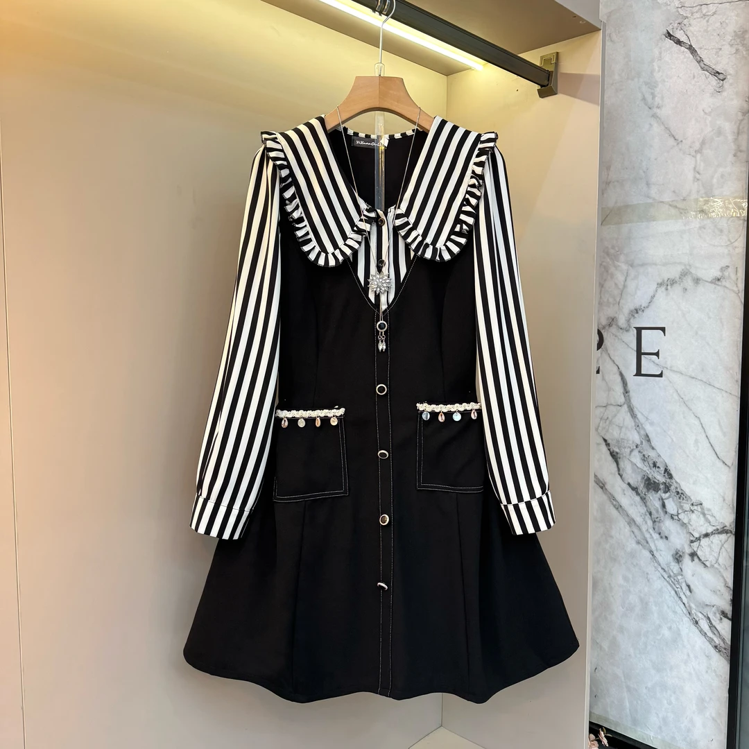 早秋拼接常规娃娃领大码连衣裙长袖纽扣韩版拉链晕染连衣裙8652