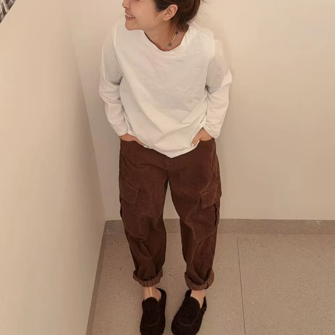 夏小朵 秋冬灯芯绒双兜工装裤 小众简约设计感纯色宽松工装裤